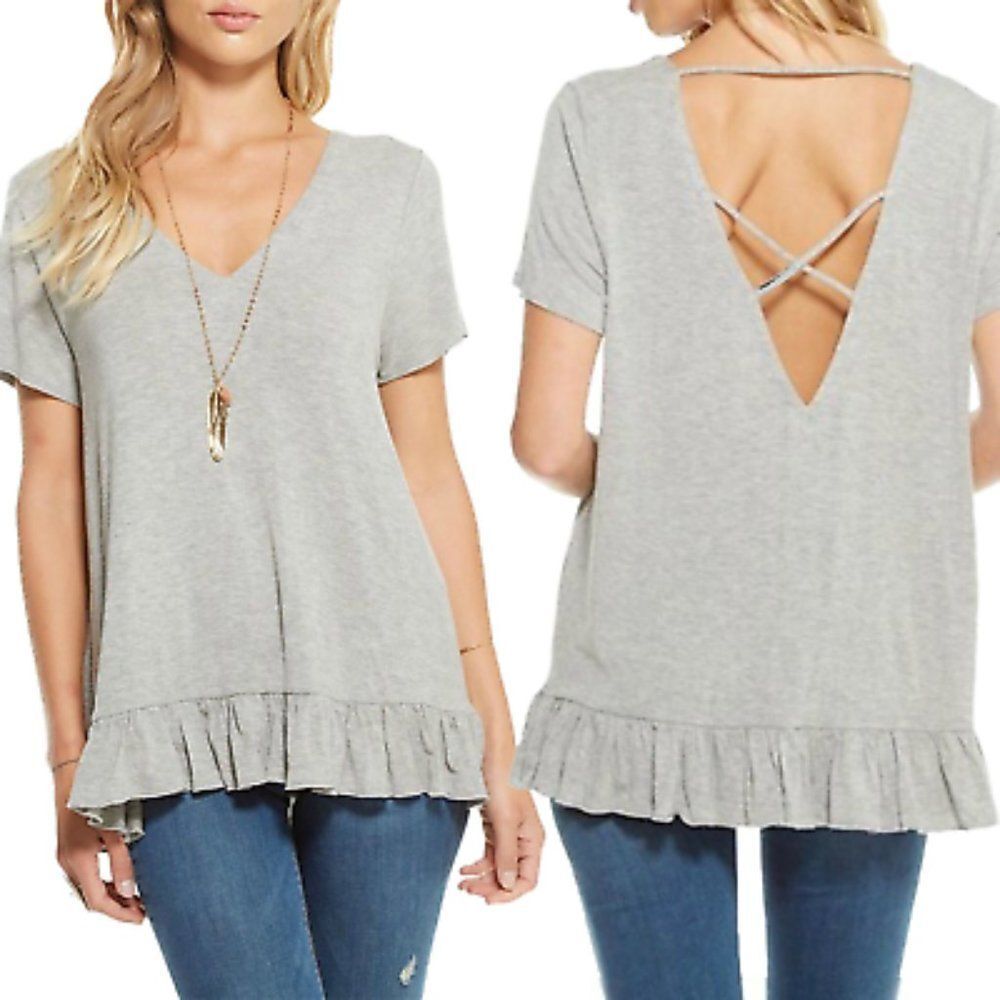 NEW Chaser Womens Size Medium Gray Strappy Back Ruffle Hem Short Sleeve‎ Top